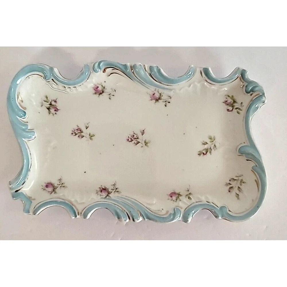 Vintage German Porcelain Tray Design of Small Purple Flowers w/ Blue & Gold Trim